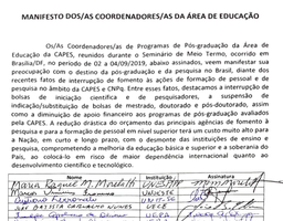 Manifesto dos(as) Coordenadores(as) da Área de Educação