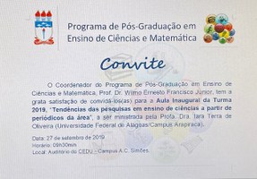 Convite para Aula Inaugural da turma 2019